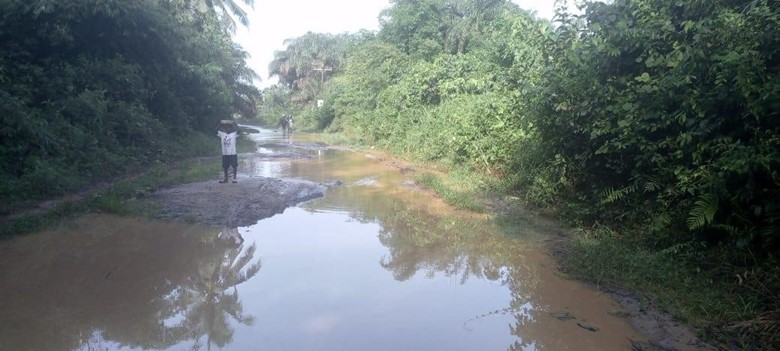 Nyanso feeder road rendered impassable during recent rains. Visit by Mr. Victor Gidi.